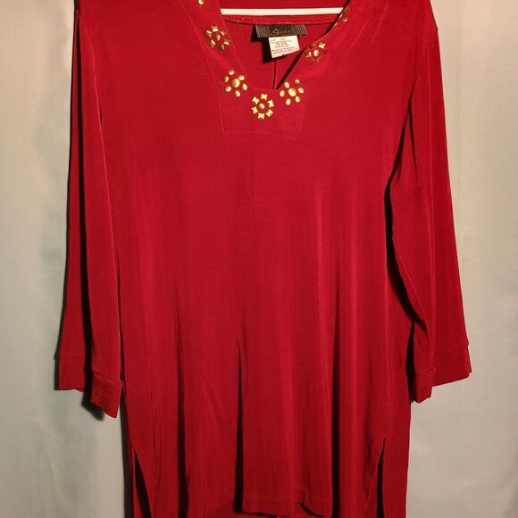 Red Embellished Tunic Top for Women – 3/4 Sleeve Boho Style Blouse - Picture 2 of 5
